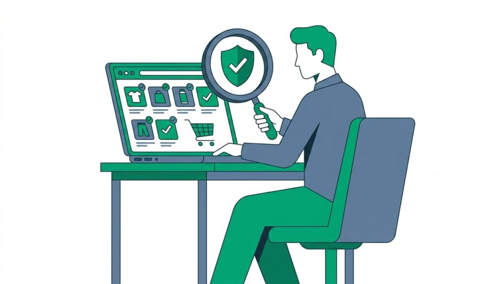 Person examining online store on laptop with verification checkmarks and security shield
