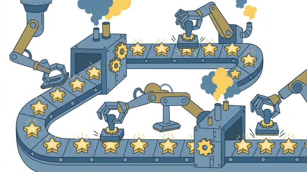 Industrial conveyor belt producing identical five-star review badges in bulk